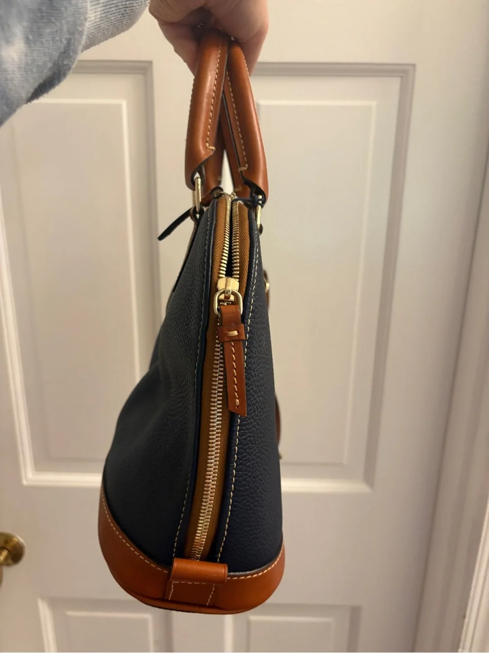 Dooney & Bourke Navy with Tan Trim Pebble Leather Satchel